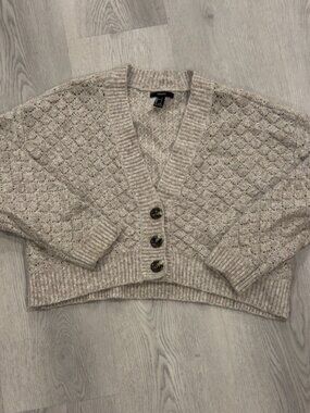 Forever 21 Beige Open Knit Cropped Cardigan Button Front Size Large